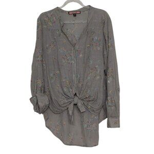 Olive Hill Embroidered Floral Shirt Womens Size Medium Green Roll Tab Sleeves